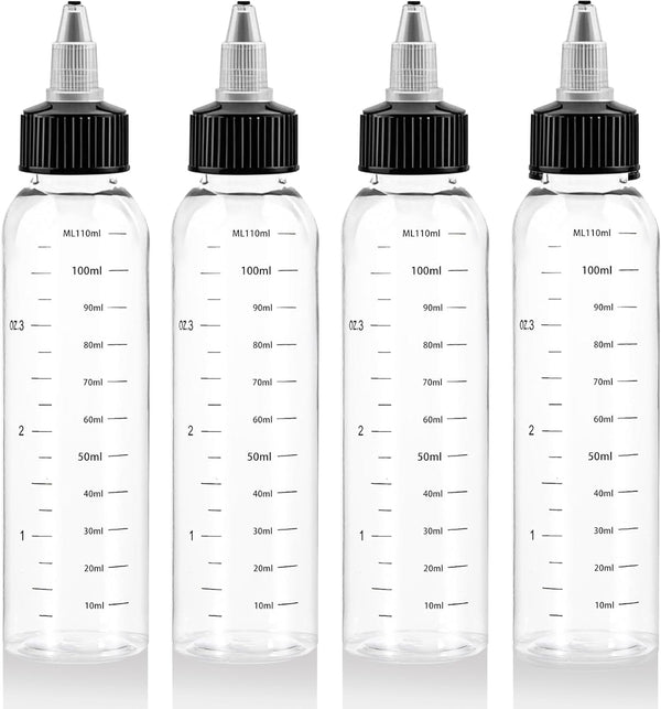 4PCS Hair Oil Applicator Bottle, 120Ml Scalp Oil Applicator, Hair Color Squeeze Bottle with Scale Ratio Measurement Refillable Empty Liquid Container for Salon Hair Coloring Paint Art Glue