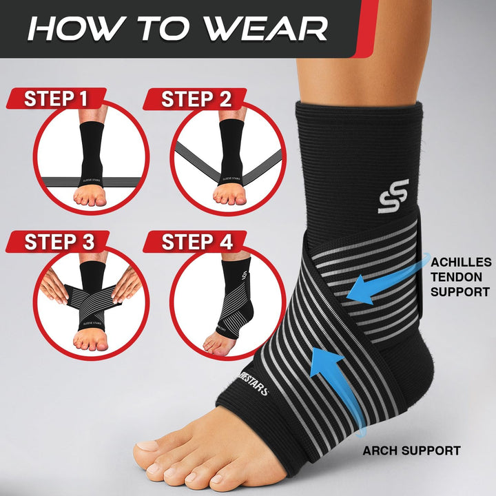 Sleeve Stars Ankle Brace for Women & Men, Ankle Wrap for Sprain, Compression Sleeve for Plantar Fasciitis Relief, Easy Customizable Support: W/Removable Strap (Single/M:10"-12"/Black)