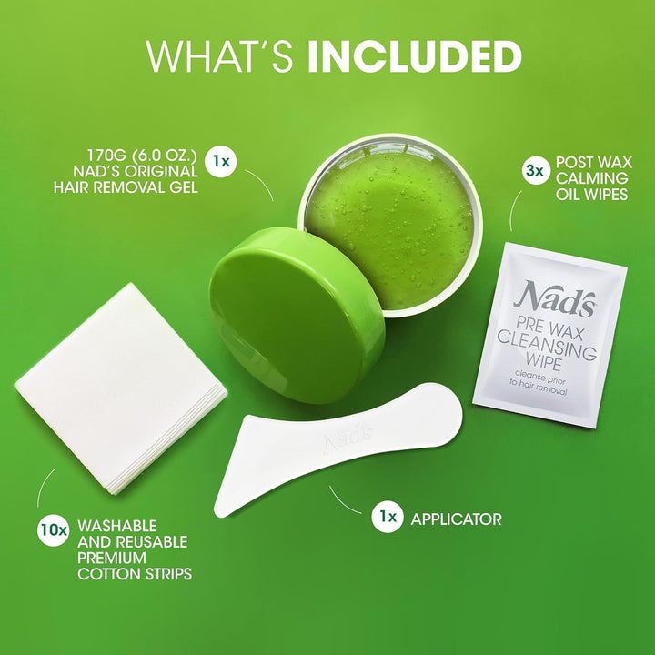 Original Natural Hair Removal Gel Wax Kit, Waxing Kit for Body, Arms, Bikini, Legs and Face, No-Heat Formula, Includes 1 Spatula, 5 Reusable Cotton Strips, 3 Cleansing Wipes, Gel Wax 170G