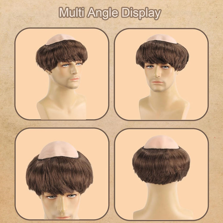 Brown Monk Wig Short Straight Hair, Monk Fancy Dress Bowl Cut Funny Costume Wig Bald Head Cap with Brown Friar Hair Cut, Men'S Party Halloween Old Man Cosplay