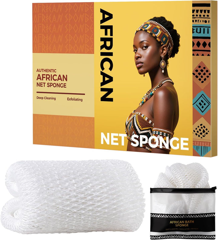 African Net Sponge Authentic - 2 Pieces Body Back Scrubber Bath Sponge with Knots - Afro Loofah Exfoliating Wash Cloth for Shower - African Body Care Daily Use Bathing Accessories