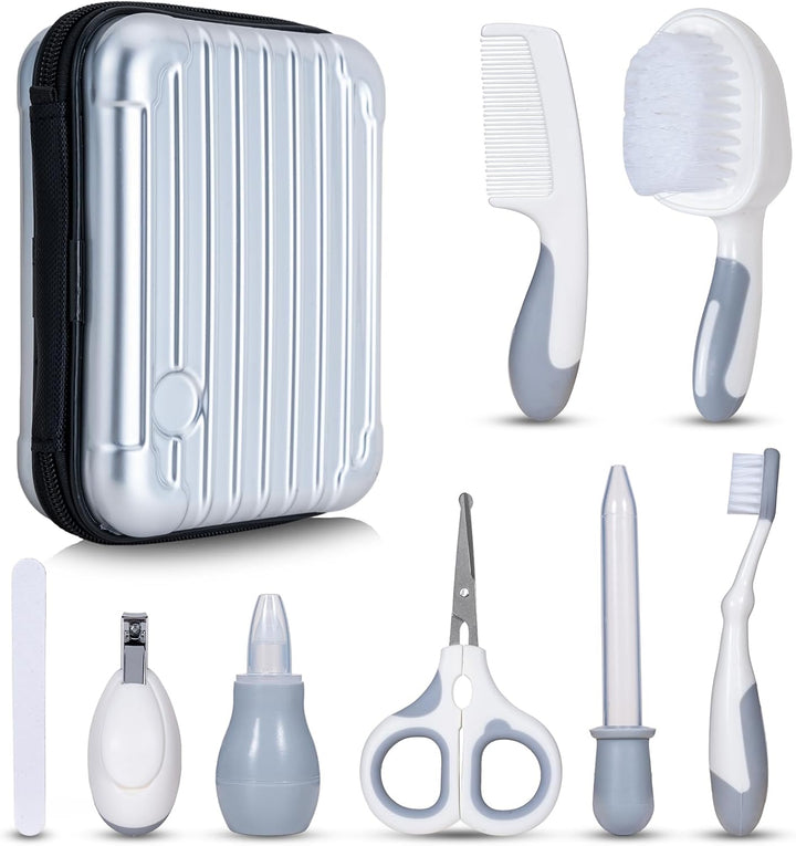 Little Angel Baby Healthcare and Grooming Kit, Safety Newborn Nursery Care Set, with Hair Brush Comb, Nail Clipper, Nasal Aspirator for Newborn Infant Baby Girls Boys White Gray