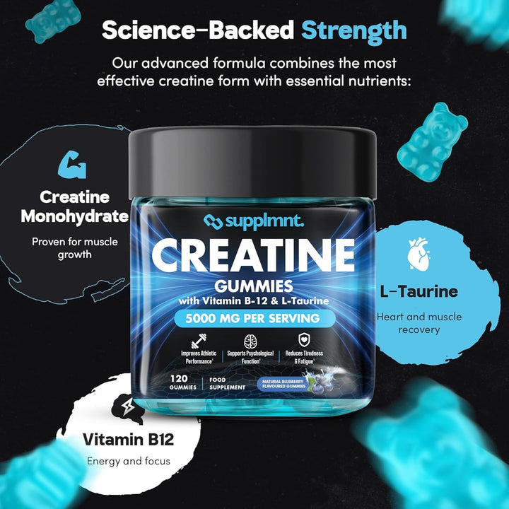 Creatine Gummies 5000Mg Lab-Tested 120Ct Max Strength Muscle Growth/Recovery Supplements for Men & Women Creatine Monohydrate B12 & L-Taurine Vegan Gym Pre Workout Gummies, (Blueberry)