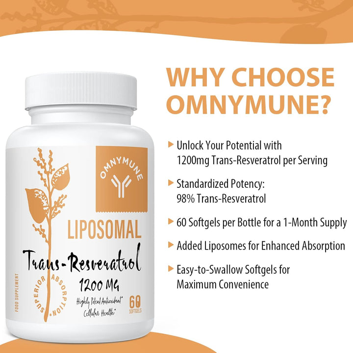 Liposomal Trans-Resveratrol 1200Mg per Serving – High Absorption, 98% Purity from Japanese Knotweed – Antioxidant, Longevity & Immunity – 60 Softgels