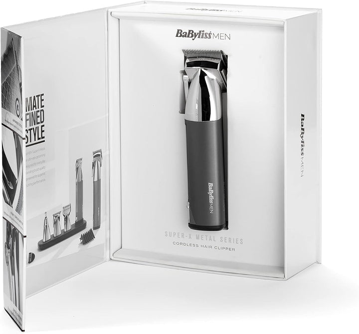 Super-X Metal Series, Cordless Hair Clipper - Japanese Steel Blades, 10 Comb Attachments, 2 Tapered Guides, Lithium Battery, Digital Display, Metal Body, Black, 7700U