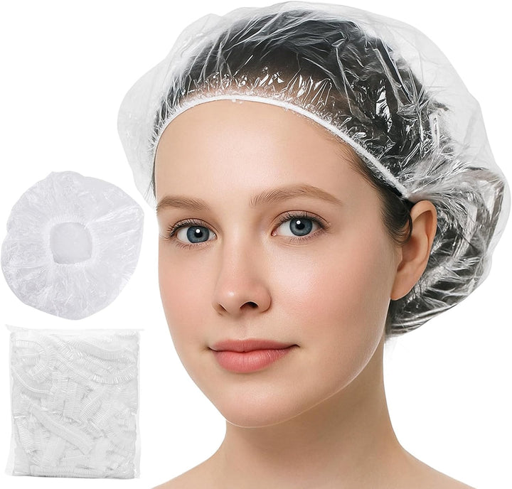100PCS Disposable Shower Caps,Waterproof Hair Caps,Multi-Purpose Thickened Plastic Elastic Bath Caps for Women, Home Use,Hair Salon, Spa, Travel, Hotel, Shower（White）