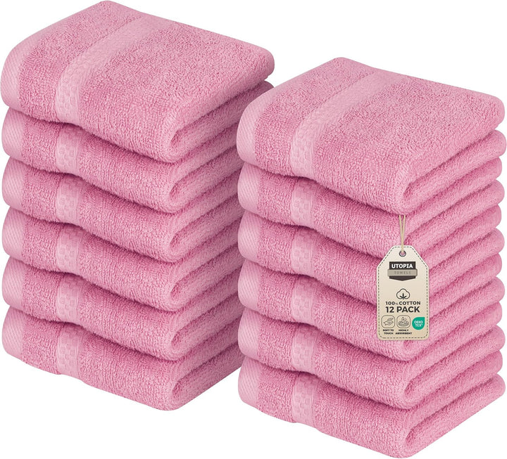 Premium Washcloth Set (30 X 30 CM) 100% Cotton Flannel Face Cloths, Highly Absorbent and Soft Feel Fingertip Towels (12 Pack, Pink)