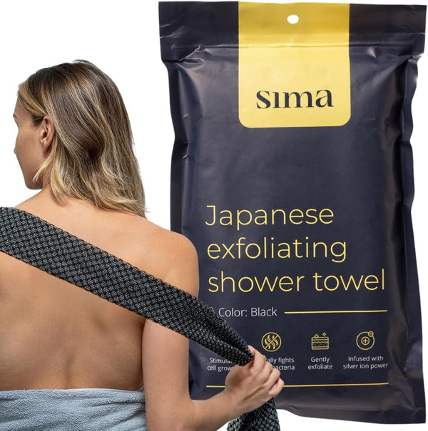 Exfoliating Washcloth Face & Body Scrub Towel - Japanese Exfoliating with Hexagon Fibers, Body Scrubber with 2 Sides for Scrubbing & Washing, Extra Long Towel (Black)