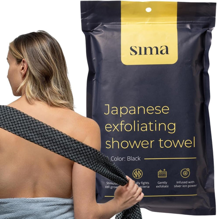 Exfoliating Washcloth Face & Body Scrub Towel - Japanese Exfoliating with Hexagon Fibers, Body Scrubber with 2 Sides for Scrubbing & Washing, Extra Long Towel (Black)