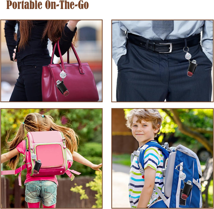 Asthma Inhaler Holder Keychain Retractable Clip PU Leather Portable Travel Handy Holder for Kids and Adults, Inhaler Not Included (Black)