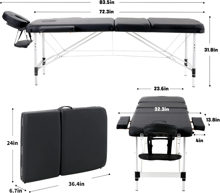 Portable Massage Table Folding Lightweight Beauty Salon Spa Bed Therapy Couch (Black, 60Cm Width 3 Section Aluminum)