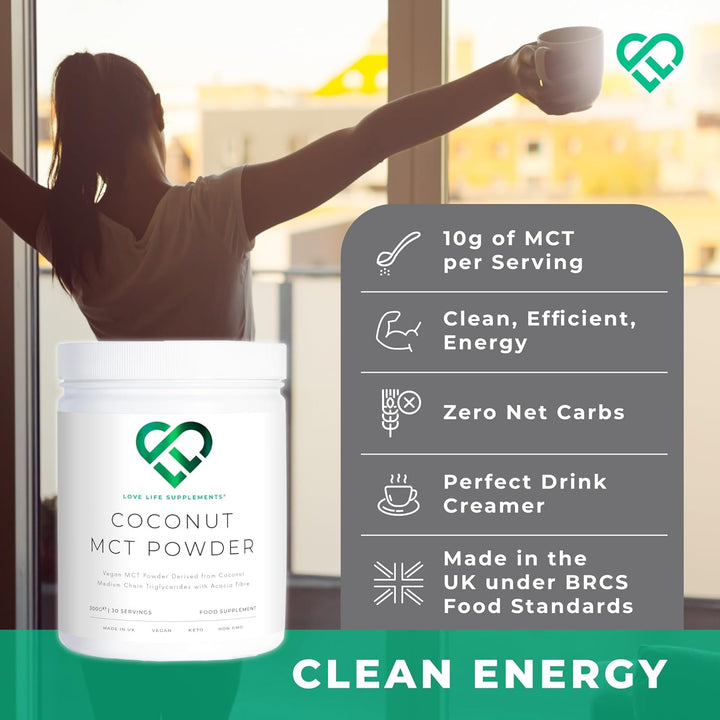 MCT Powder by LLS, 300G - 30 Servings, 100% from Coconuts, MCT Oil Powder High in Healthy Fats and Acacia Fibre, 0G Carbs, Perfect for Keto Diet, Completely Vegan, Lab Tested -