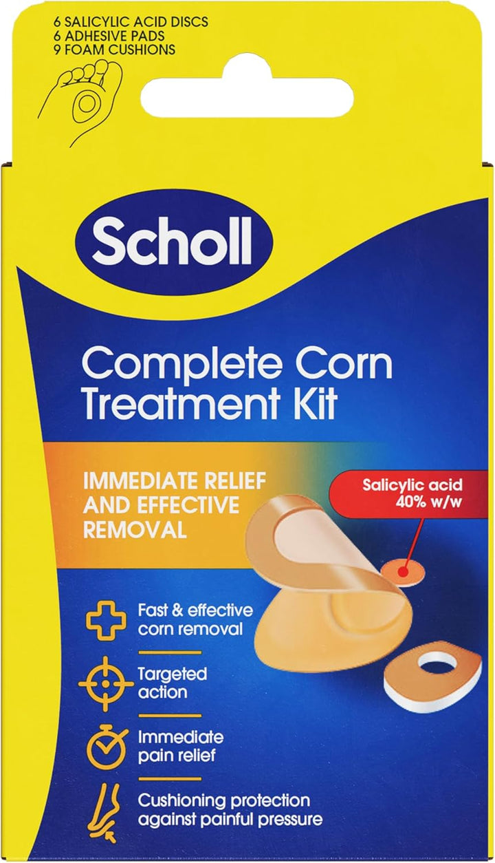 Complete Corn Removal Treatment Kit, 1 Pack - Medicated Action with Salicylic Acid, Includes 6 Pads, 6 Medicated Discs, and 9 Cushions for Effective Corn Removal