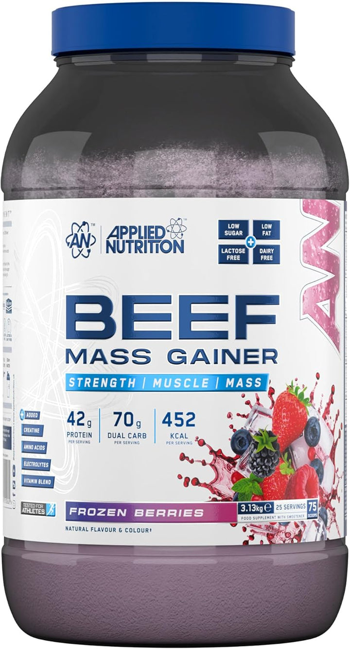 Beef Mass Gainer Protein Powder – 42G Beef Protein Isolate, High Calorie Weight Gainer Supplement, Lactose Free, Low Sugar (3.13Kg – 25 Servings) (Frozen Berries)