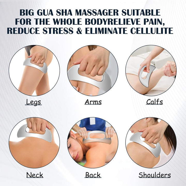 Stainless Steel Body Gua Sha Massager, Large Guasha Scraper with Handle, Lymphatic Drainage Massage for Legs, Back, Face, Neck, Muscle Relaxation & Pain Relief, Removal of Fatigue
