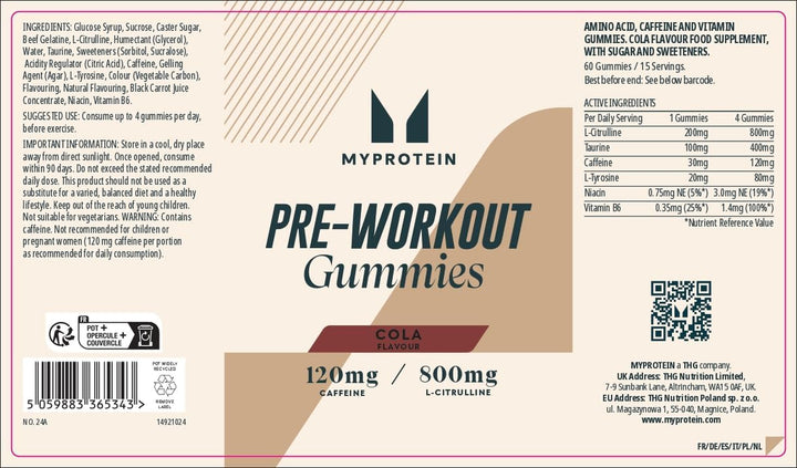 Pre-Workout Gummies – Cola Flavour – Energy-Boosting Caffeine Gummies with L-Citrulline, Taurine, and B Vitamins – Fast-Acting & Convenient Pre-Workout Supplement