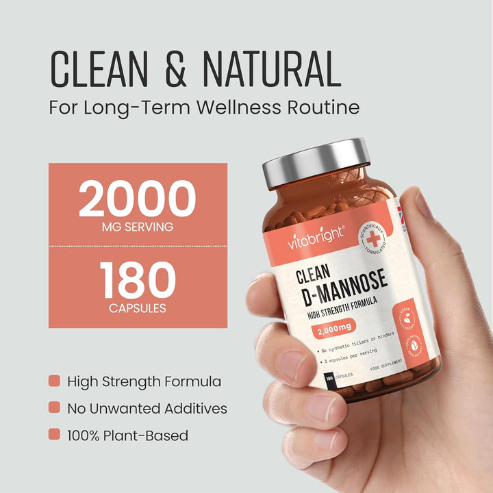D-Mannose Capsules | 2000Mg per Day | 180 Capsules | 2 Month Supply | High-Strength Alternative to Cranberry Tablets | Mix D Mannose Powder into Drinks | Pure Clean Formula