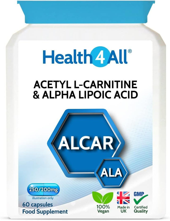 Acetyl L-Carnitine 250Mg & Alpha Lipoic Acid 200Mg 120 Capsules, Vegan ALCAR & ALA Supplement for Brain Health, Memory, Focus and Mental Clarity | Made in UK