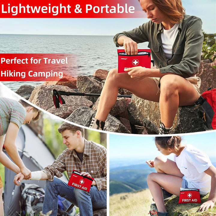 First Aid Kit, 105 Pieces Small First Aid Kit, Includes Plasters, Emergency Foil Blanket, Burn Gel for Travel Car Home Workplace Kids Camping Hiking Motorbike Holiday, Red