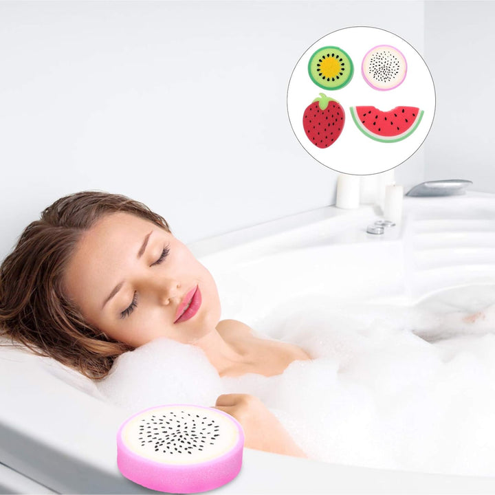 4Pcs Fruit Kids Shower Brushes Baby Bath Ball Shower Sponge Pitaya Watermelon Strawberry Kiwi Scrubbers for Baby Toddler Kids Bathing