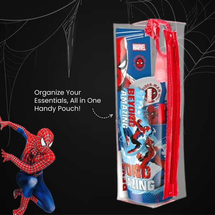 Marvel Spiderman Kids Toothbrush Set - Soft-Bristle Toothbrush with Suction Cup & Protective Cap, Mint-Flavoured Toothpaste, and Multi-Purpose Beaker | Travel-Ready Oral Care Kit for Children Ages 3+