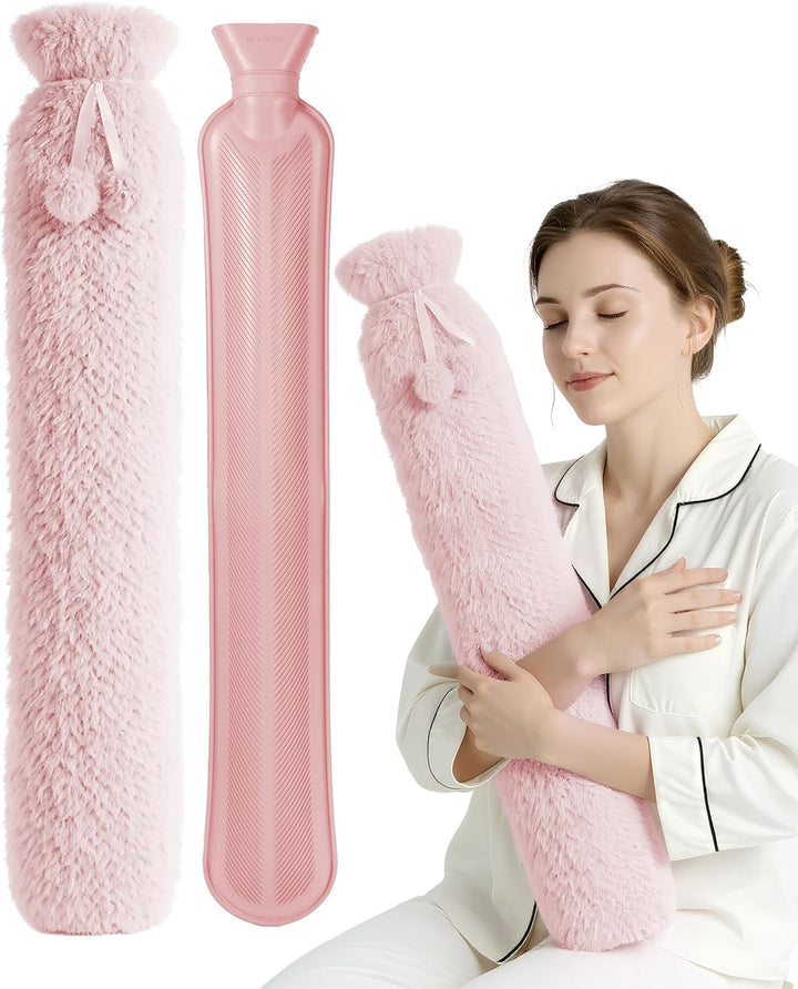 Hot Water Bottle 2L with Soft Faux Fur Cover, Leakproof Natural Rubber, Long Lasting Warmth for Neck, Back & Hands, Fluffy Cosy Design for Men & Women, Winter Comfort - Grey