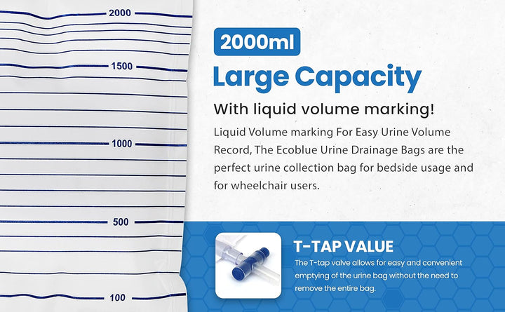 10 Pcs Pack - ECOBLUE Urine Drainage Bags 2000Ml Capacity – Non Sterile Night Bags with T-Tap Valve and 85Cm Tube - 10-Pack Drainable Urinary Bags - Non-Latex Catheter Night Bag