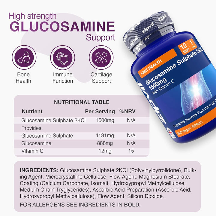 High Strength Glucosamine Sulphate 2Kcl 1500Mg with Vitamin C, 12 Month Supply, Supports Bones and Cartilage Function, 360 Vegan Tablets, Joint Care Supplement for Men & Women