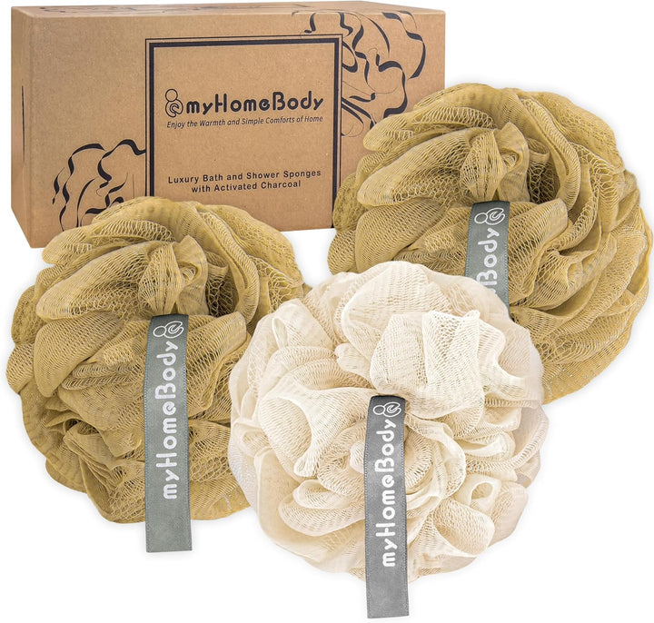 Large 70G Loofah Sponge, Bath Body Scrubber for Women, Men, Exfoliating Shower Pouf with Activated Charcoal - 2 Graphite Gray + 1 Sage Green, 3 Pack