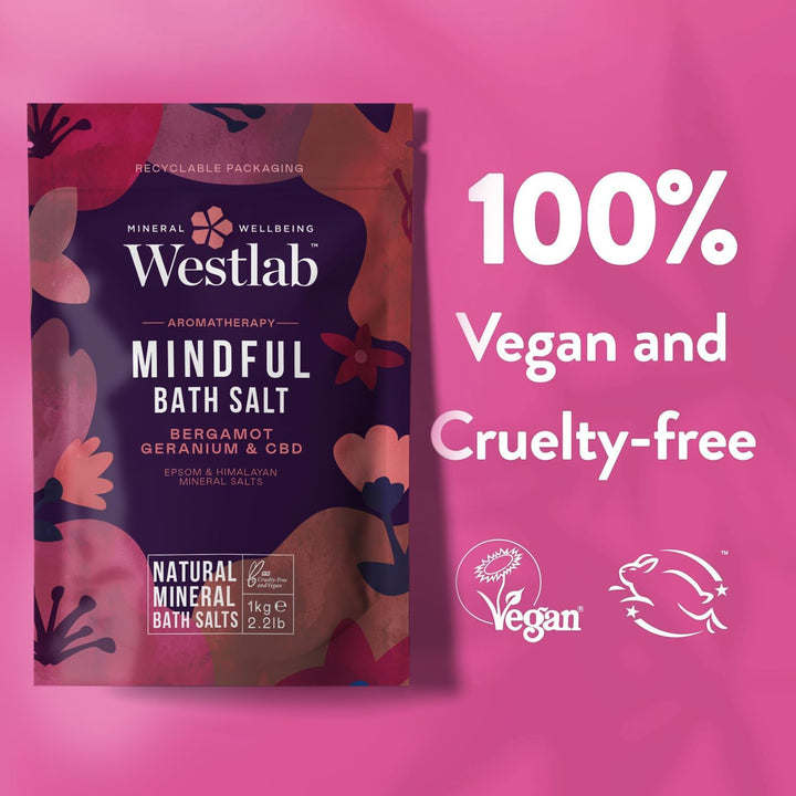 Mindful CBD Bath Salts 1Kg - Epsom & Himalayan Salts Infused with Bergamot, Geranium for Calming and Soothing, Guaranteed Purity.