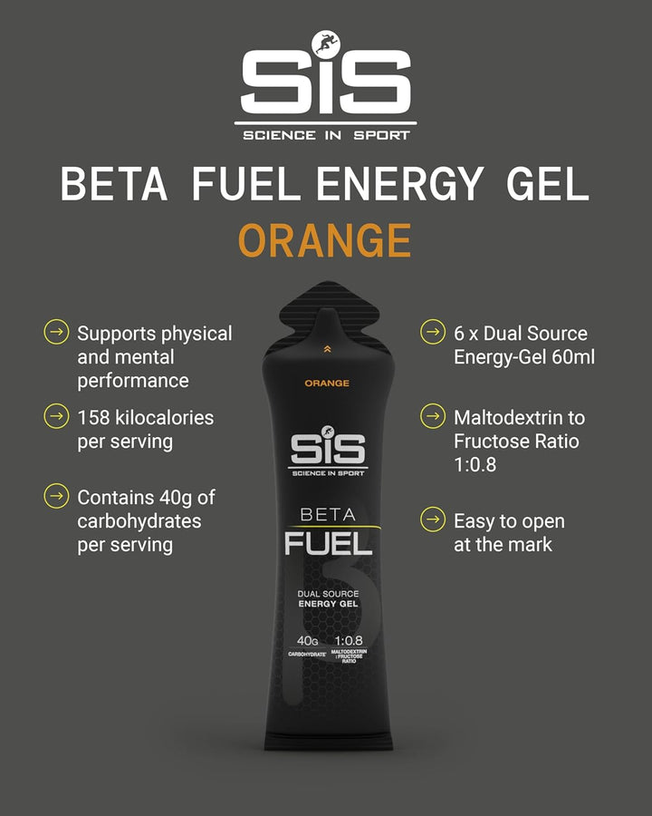 Beta Fuel Gels Dual Source Energy Gel, Orange Flavour, 40G of Carbs per Pack, 60 Ml Pack (6 Pack)