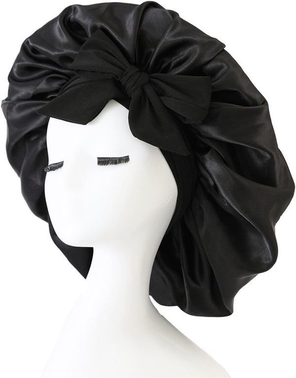 Silk Bonnet,Adjustable Satin Hair Bonnet,Soft and Comfortable Silk Sleep Cap(Black)