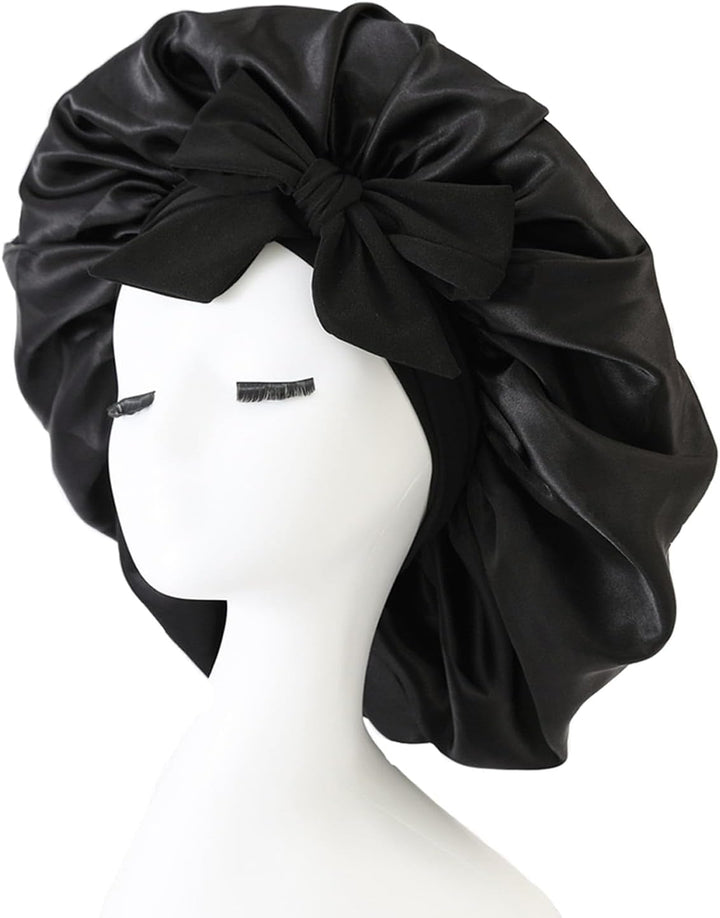 Silk Bonnet,Adjustable Satin Hair Bonnet,Soft and Comfortable Silk Sleep Cap(Black)