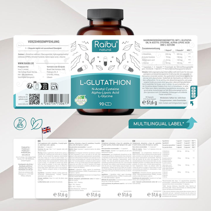 Glutathione Reduced - 98% Highly Purified - L Glutathione Supplement with NAC, Alpha Lipoic Acid & L-Glycine - Antioxidant Support - from Fermentation, Non-Gmo - 900 Mg per Serving, 60 Vegan Capsules