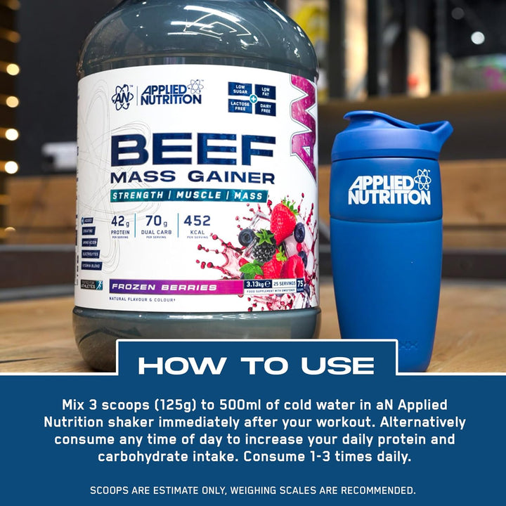 Beef Mass Gainer Protein Powder – 42G Beef Protein Isolate, High Calorie Weight Gainer Supplement, Lactose Free, Low Sugar (3.13Kg – 25 Servings) (Frozen Berries)