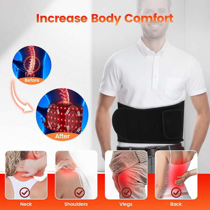 Red Light Massaging Belt for Body, 660Nm Red Light & 850Nm Near-Infrared Light Wrap Belt with 6 Time Settings, 5 Lighting Modes, 5 Massaging Levels, Back Support Massager Belt for Legs, Back, Waist