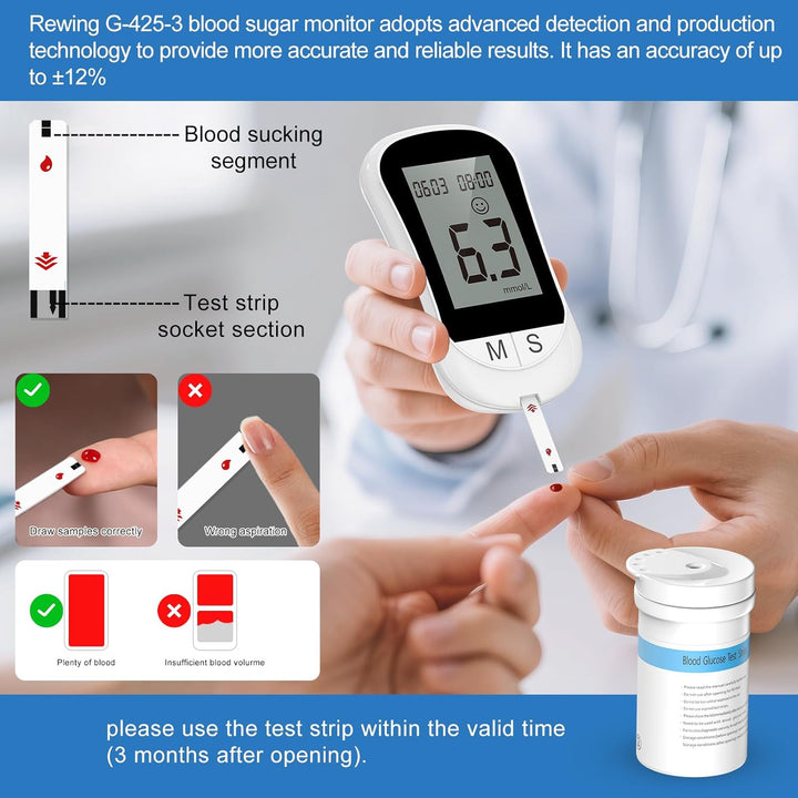 Blood Sugar Monitor Blood Sugar Test Kit with 100 Test Strips & 100 Lancets, No Coding Diabetes Testing Kit 250 Memory 5 Seconds Accurate for Diabetics Home Self-Testing-In Mmol/L