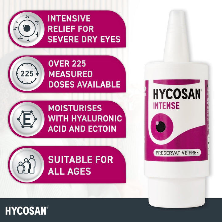 Hycosan Intense Twin Pack - Eye Drops for Long-Lasting Intensive Lubrication & Instant Relief for Itchy, Burning Sensations and Severe Dry Eyes - Preservative Free - 2X225 Measured Doses