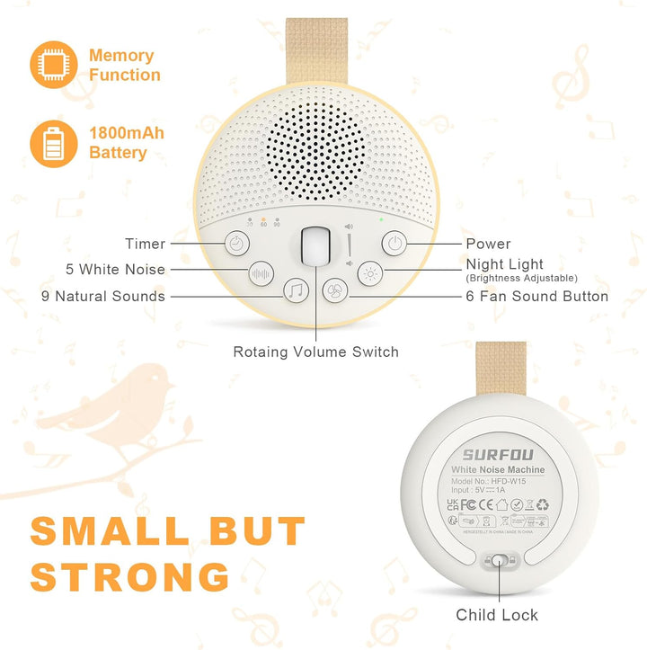 White Noise Machine, Portable Sleep Aid Sound Machine with Night Light 21 Soothing Sounds for Baby and Adults, 1800Mah Battery, Sleep Machines Memory Function, Travel Gift USB Rechargeable