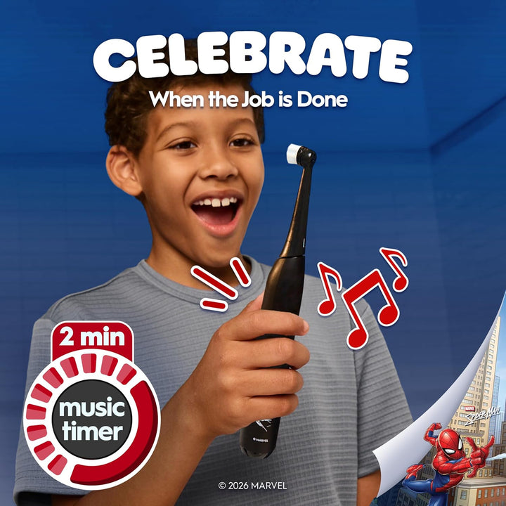 Io Kids Marvel Spiderman Electric Toothbrush, 1 Toothbrush Head, 1 Travel Case, 3 Modes with Kid-Friendly Sensitive Mode, 2-Min Music Timer, for Ages 6+