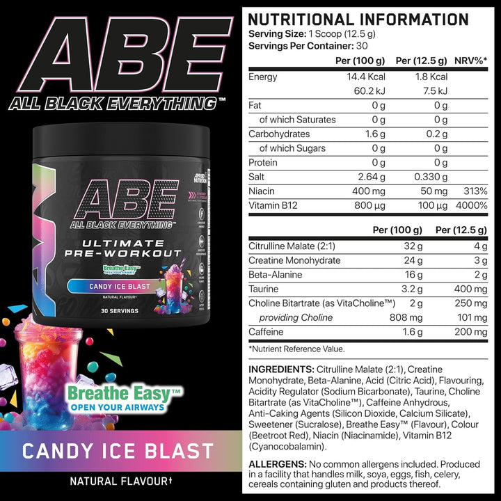ABE Pre Workout - All Black Everything Pre Workout Powder, Energy & Physical Performance with Citrulline, Creatine, Beta Alanine (375G - 30 Servings) (Candy Ice Blast)