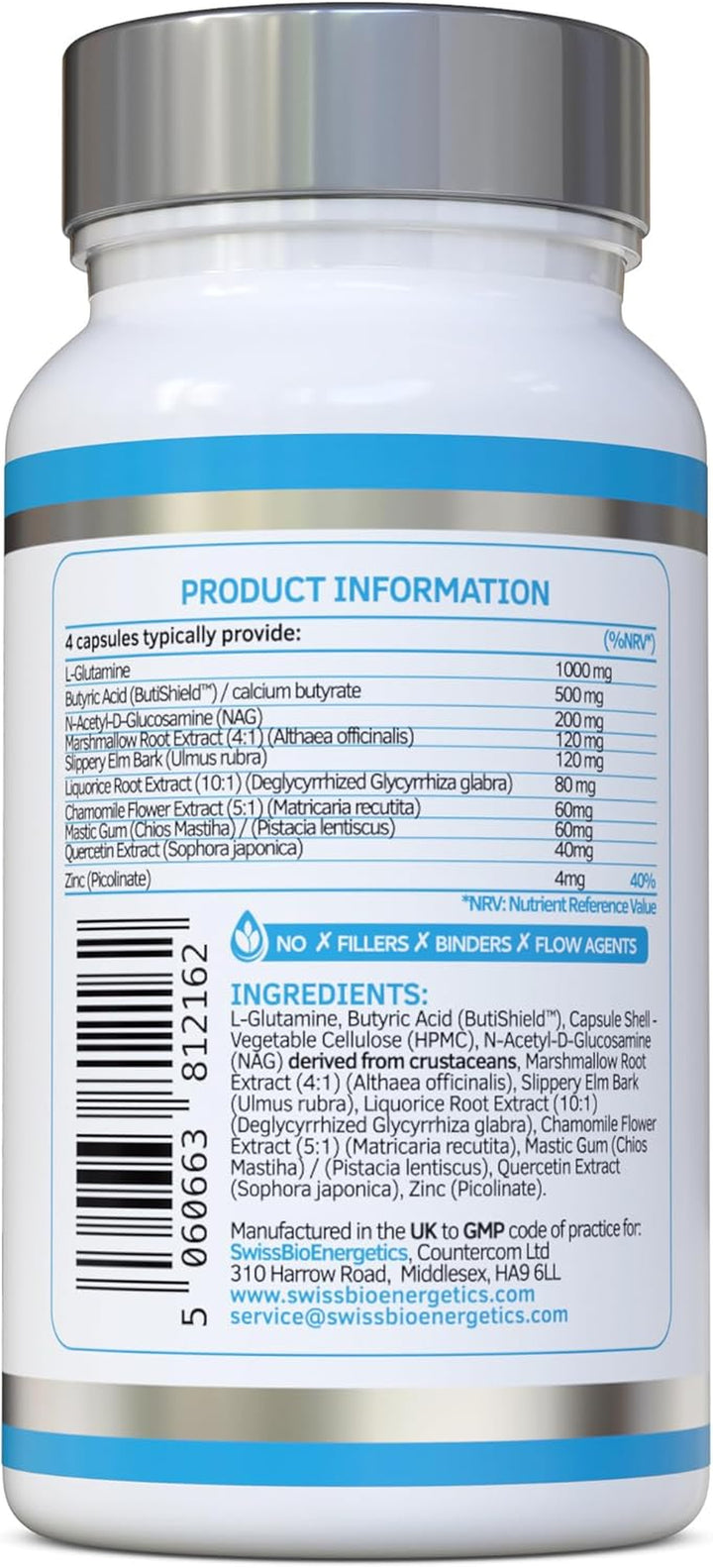L-Glutamine Complex with Butyric Acid, Glucosamine (N-Acetyl-D), Marshmallow Root, Slippery Elm Bark, Liquorice Root, Chamomile Flower, Mastic Gum, Quercetin & Zinc - UK Made and No Artificial Nasties