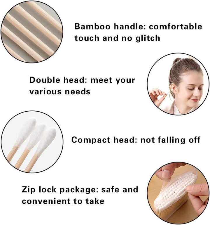 Cotton Buds 6 Pack 600Pcs Cotton Swabs Bamboo with Wooden Handles for Makeup Clean Care Ear Cleaning Wound Care Cosmetic Tool Double Head Biodegradable Eco Friendly