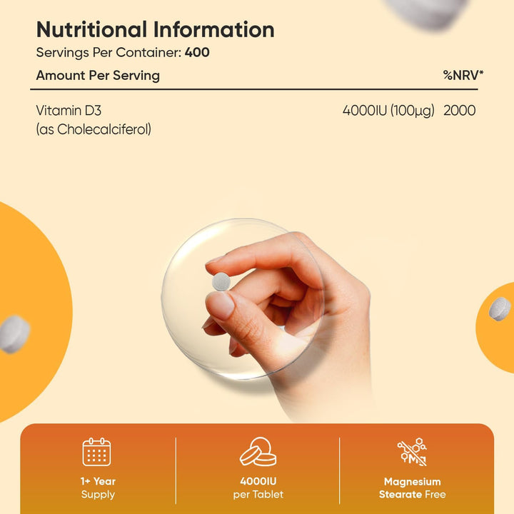 Vitamin D3 4000IU | 400 Tablets | 1+ Year Supply | 6Mm Micro Vitamin D Tablets | Easy to Swallow VIT D | One a Day Supplement | Made in the UK | Magnesium Stearate-Free | Vegetarian Friendly