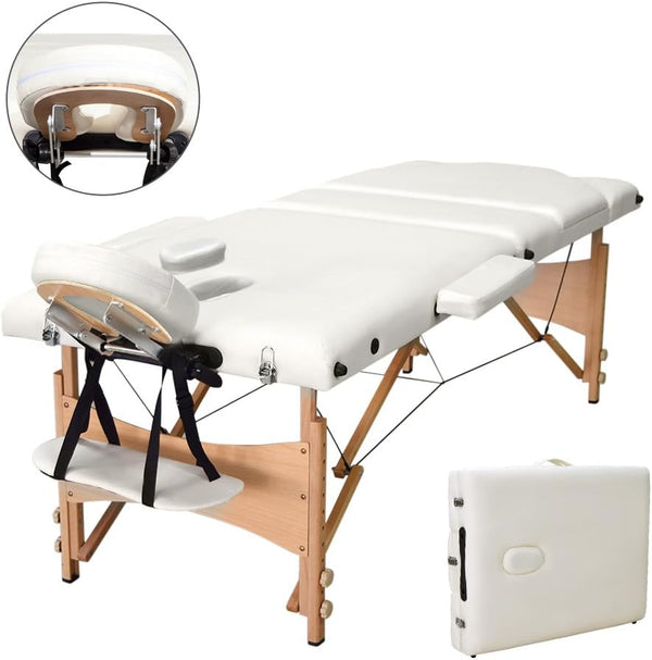 Portable Massage Bed Table - 3-Section Foldable Beauty Couch for Reiki Therapy Treatment Salon Healing - Metal Headrest Support/Carry Bag (Beige White)