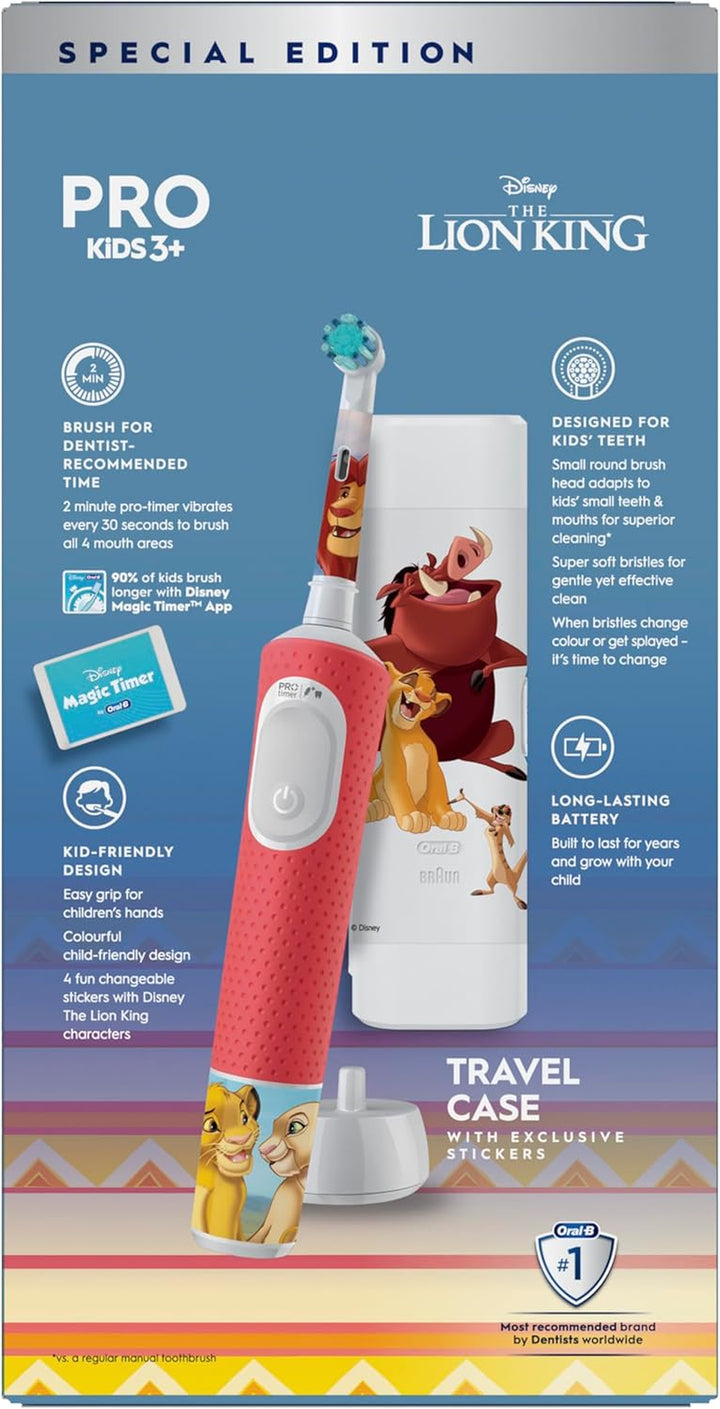 Pro Kids Electric Toothbrush, 1 Handle Featuring Disney the Lion King, 1 Toothbrush Head, 1 Travel Case, Designed by Braun, for Ages 3+