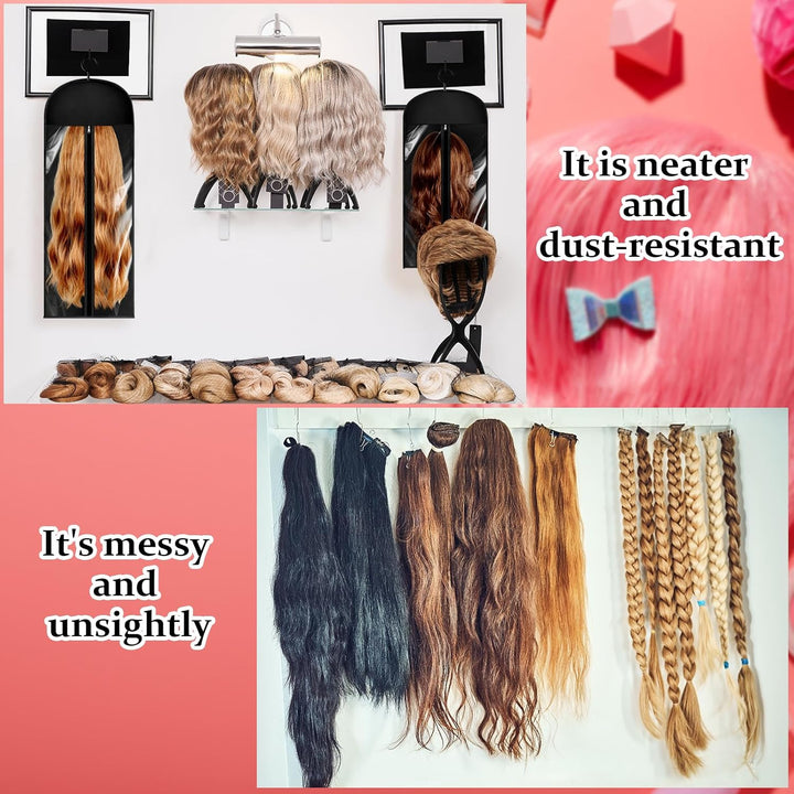 Hair Storage Bag - 6-Piece Wig Hanger Set with Hook - Dustproof Portable Holder for Multiple Hairpieces (Black, 2 Sizes)23.6 & 31.5 Inch