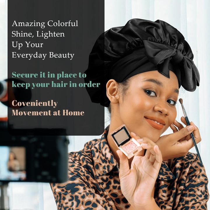 Silk Bonnet, Satin Bonnets for Sleeping, 1 PCS Adjustable Hairs Bonnetss for Women and Hairs Band, Hairs Silk Bonnet for Sleeping, Hairs Bonnets with Tie Band for Curly Hair Braid Women Black