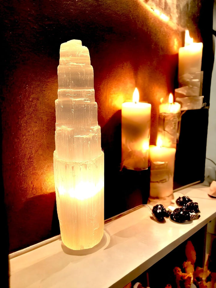 Selenite Crystal Lamp Handmade Natural White Selenite Tower Lamp Spiritual Healing Cleanse and Recharge Crystals Table Lamp Meditation Mineral Decoration Gift (30 Cm)
