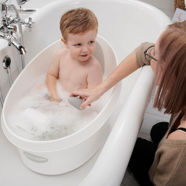Toddler Bath Tub | Larger Bath for Bigger Kids at Bathtime | Includes Warm and Soft Foam Backrest | Grippy Anti-Slip Surface | Includes Easy Drain Bath Plug | White with Light Grey Backrest